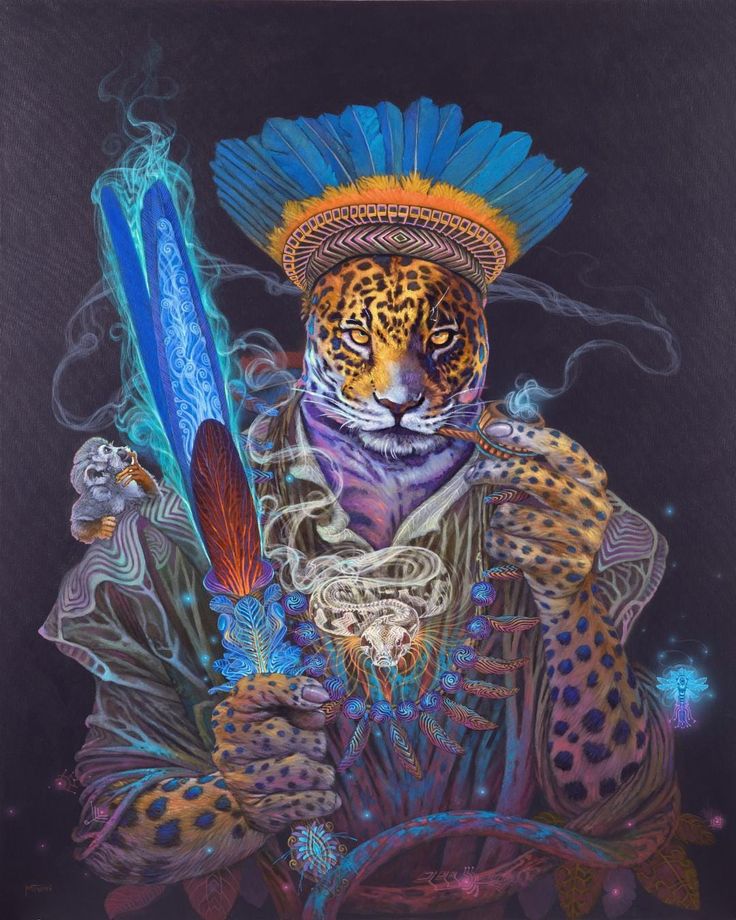 Visionary jaguar shaman painting with sacred plumed crown